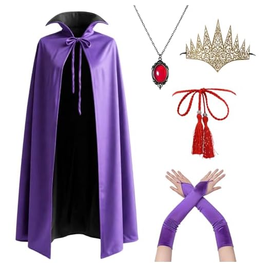 Boyigog Disfraz de reina malvada para cosplay, capa de reina de Halloween, 6 piezas con corona, collar, guantes y cinturón, disfraz de reina malvada para adultos, disfraz de capa morada