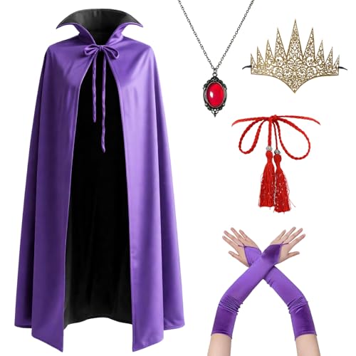 Boyigog Disfarce de rainha malvada, fantasia de Halloween e rainha, casaco de 6 peças com coroa, colar, luvas, cinto, mulher, adulto, Halloween, carnaval, cosplay, malvado, rainhas roxas, disfarce