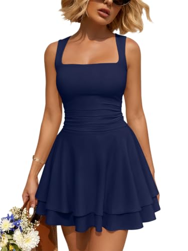Image of Trendy Queen Women's Square Neck Summer Party Flowy Ruffle Hem Ruched Waist Mini Dress