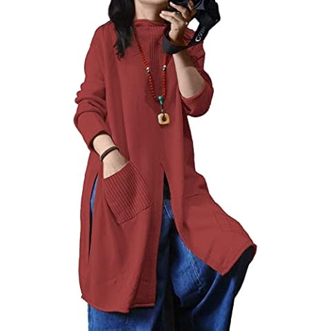 YESNO Women Casual Loose Fashion Cotton Sweater Dress Split Pullover Tops with Pockets S YG7 Rust Cover