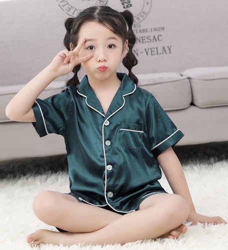 Pajama Set for Kid Boy Girl Button-up Silk Pajama Sleepwear Nightwear Loungewear Set Gifts Short Sleeve Loungewear3