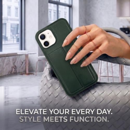 Image of amazon basics Luxury Vegan Leather Back Cover for iPhone 12 Pro | Built-in Card Holder Slot | Integrated Mobile Stand | Slim Shockproof Protective Case with Stitched Finish - Green