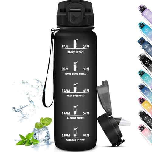 Grsta Gourde 1l, Gourde Sport Anti-Fuite, Gourde avec Paille pour Randonnée, Gourde Motivation avec Marqueur de Temps, Gourde Adulte, Facile à Transporter, pour Running, Vélo, Camping, Noir