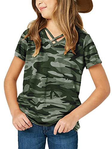 simtuor Girls Camouflage Stripe Short Sleeve Shirts V Neck Criss Cross Tees Sweat Kids Casual Sport Tops Blouse（4-15T）