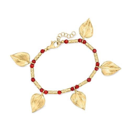 Ross-Simons Red Carnelian Bead Leaf Bracelet in 18kt Gold Over Sterling. 7 inches