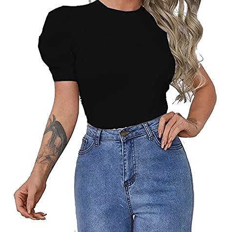 Womens Puff Half Sleeve Solid Stylish White Top for Junior Teen Girls