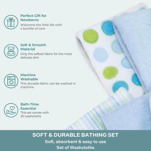 Image of Spasilk Washcloth Wipes Set For Newborn Boys And Girls, Soft Terry Washcloth Set-Pack Of 20, Blue Dot