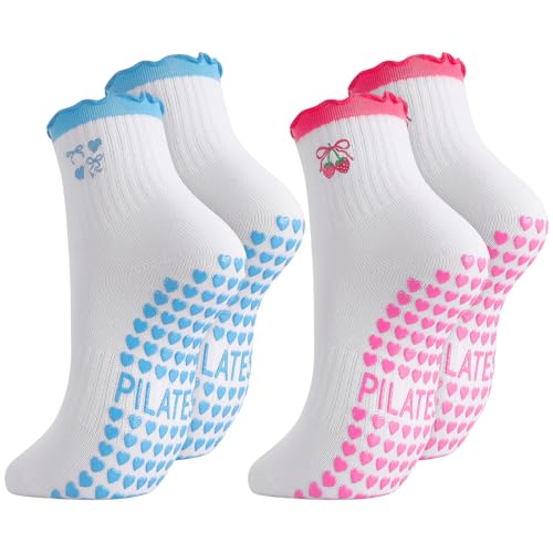 Jspupifip 2 Pairs Women Cute Pilates Grips Socks, Crew Non Slip Yoga Socks Ruffle Cuff Embroidery Workout Ballet Sock