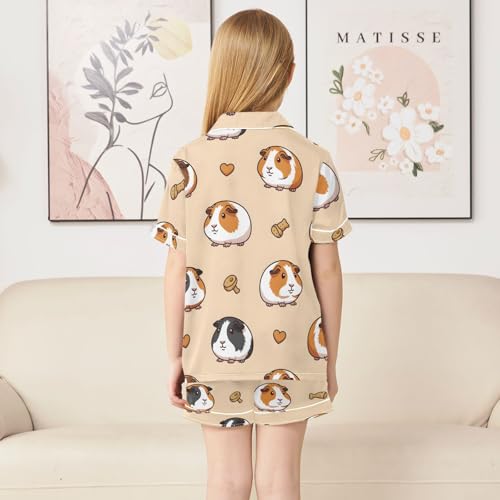 Satin Pajama Sets Short Sleeve Guinea Pigs and Hearts Pattern Button Down Silky Nightwear 2 Piece PJS 5-14Y4