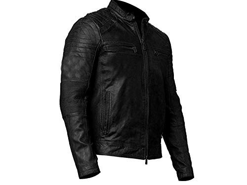 Image of Men's Leather Jacket Cafe Racer Biker Style Retro Stripes Jacket, Motorcycle Racing Leather Jacket Men