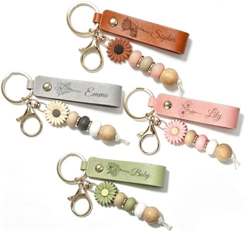 HINFKA Personalized Name Leather Keychain with Daisy Beads