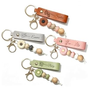 HINFKA Personalized Name Leather Keychain with Daisy Beads