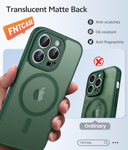 Image of FNTCASE for iPhone 15 Pro Max Case: [Compatible with Magsafe] Translucent Matte Cases with [Full Camera Protection] [Screen Protector] Military Grade Shockproof Protective Phone Cover - Green