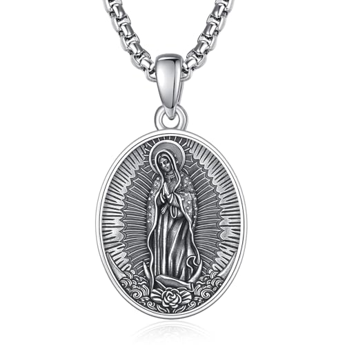ADMETUS Medalla de la Virgen de Guadalupe de plata de ley con colgante de amuleto de protección, regalo religioso para hombre, 25 * 20 mm, Plata esterlina, No es una piedra preciosa