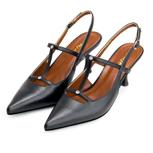 Image of Kitten Heels for Women Closed Pointed Toe Heels Patent Leather Low Heel Slingback Dress Shoes Feature Adjustable Buckle for Date Party Work Office Comfortable Sexy Pumps Shoes