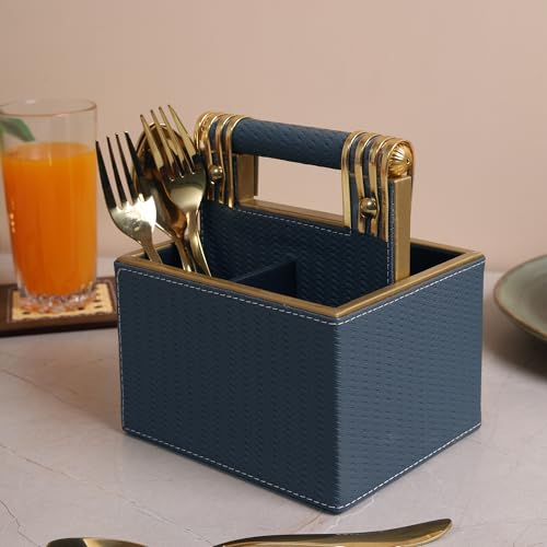 Image of HOME 360 Woven Pattern Leather Spoon Stand | Cutlery Stand with 4 Divider 18X16X13 CM | Use for Dining table| Organize Spoons | Forks | Cutlery | Home Decor | Spoons Holder | Cutlery Holder | Blue