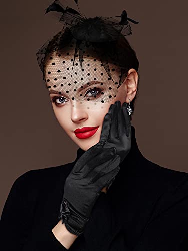 50S Fascinator Hat For Women Funeral Veil Hat Pillbox Cocktail Tea Party Headpiece And Lace Glove (Black,Elegant Style) #TOP1