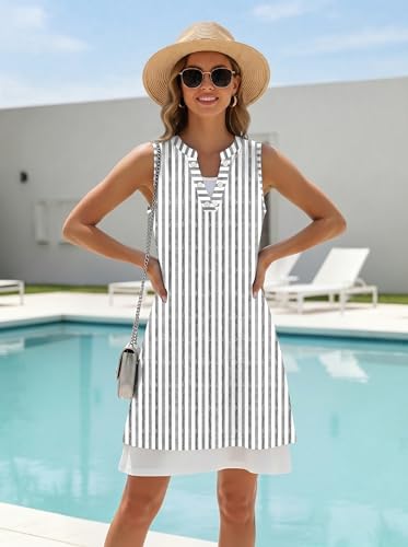 Image of Disamer Womens Summer Dress 2026 Casual Button Down V Neck Sleeveless Boho Floral Beach Sundresses Vacation A-Line Dresses