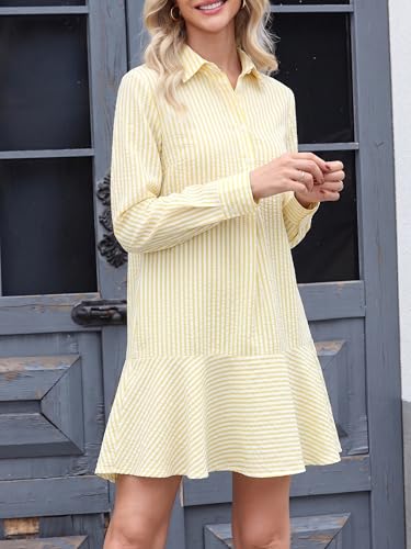 Image of EZAPINE Womens Striped Shirt Mini Dress Long Sleeve Collared Ruffle Hem Button Up Tunic Flowy Swing Dresses