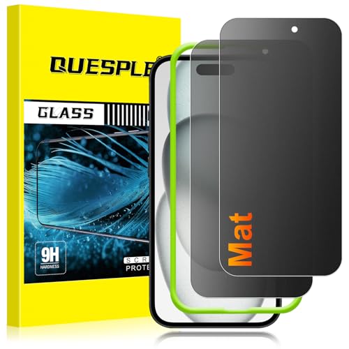 QUESPLE [2 Pièces] Mat Verre Trempé Anti-Espion pour iPhone 15, Anti-empreintes, Anti-éblouissement Matte Film Protection écran, Dureté 9H, Sans Bulles...