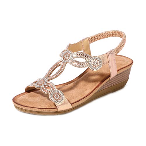 MIOKE Women's Sparkly Rhinestone T-Strap Wedge Sandals Boho Open Toe Platform Elastic Retro Dress Shoes Champagne