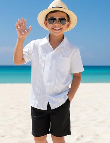 Image of Boys Guayabera Shirt Short Sleeve Button Down Casual Linen Shirt with Pockets for Summer Hawaiian Holiday 4-13Y