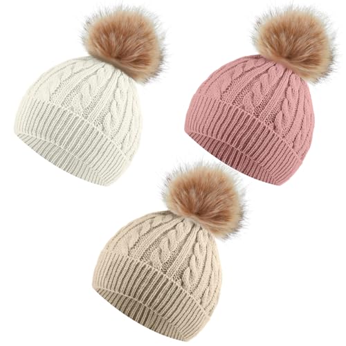 3 Pieces Kids Knitted Woolen Hat Winter Warm Pom Beanie Cap With Detachable Pom for 1-3 Years Old Girls Boys