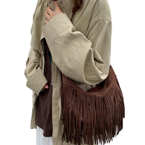 Image of Women Vintage Suede Fringe Hobo Bag Tote Shoulder Bag Crossbody Bag and Hippie Western Cowgirl Purse Shoulder Bag