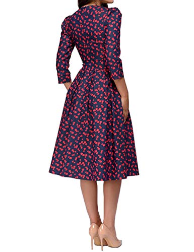 Simple Flavor Women's Floral Vintage Dress Eleg ant Autumn Midi Evening Dress 3/4 Sleeves (Red,L)