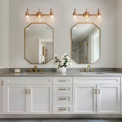 Image of KSANA Gold Bathroom Light Fixtures, Modern 3 Lights Vanity Light with Seeded Glass Shade Over Mirror for Powder Room, Bedroom and Dressing Area