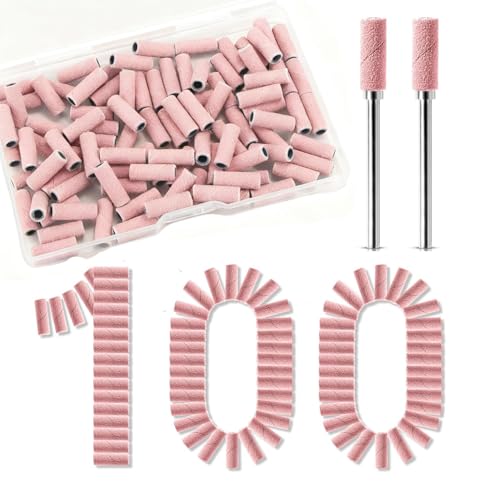 Bandas de Lijado para Cabezal para Torno de Uñas, 100 Pcs Mini Bandas 240 Grit con Estuche y 2 Brocas para Uñas, Compatible 99% Taladros Uñas, para Remoción Gel Acrílico y Pulido, Rosa