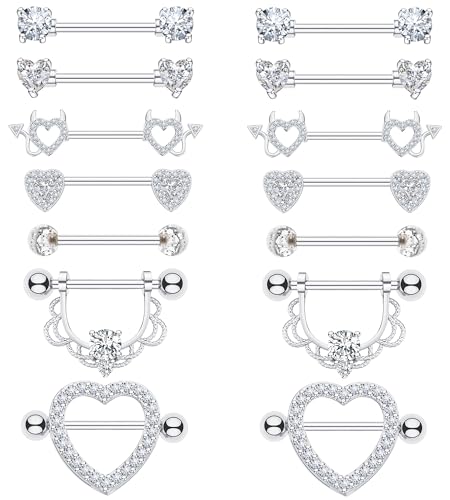 BSJ4U 7 Pairs Nipple Piercing Jewelry 14G Stainless Steel Silver Nipple Rings for Women Cute Heart...