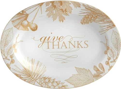 Ceramic Harvest Golden Foliage 'Give Thanks" Porcelain Oval Serving Platter,