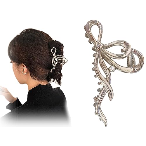 Pinzas de pelo plateadas antideslizantes con pajarita y perlas de metal