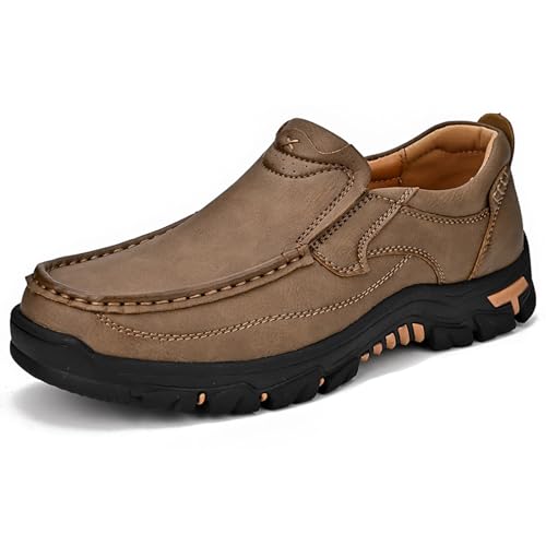 Men Slip on Loafers, Leather Hiking Shoes, Waterproof Causal Sneakers, Work Walking Slippers, Easy Wear on/Off, for Travel, Camping, Running