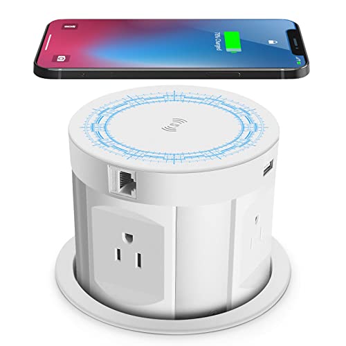Pop Up Outlet for Kitchen Countertop,Recessed Outlet Power Strip with 4 Outlets,2 USB Ports,1 RJ45 Port,1 HDMI Port,5W Wireless Charger