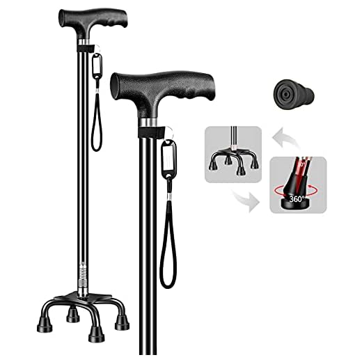 Adjustable Quad Cane with Large Base for Stability Walking Cane with 4 Leg Base Wrist Strap Portable and Unisex (Black)
