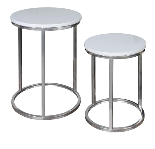 Image of spot on dealz® Nest of 2 round chrome tables metal frame with white wooden effect side end modern console nesting bedside table living room furniture