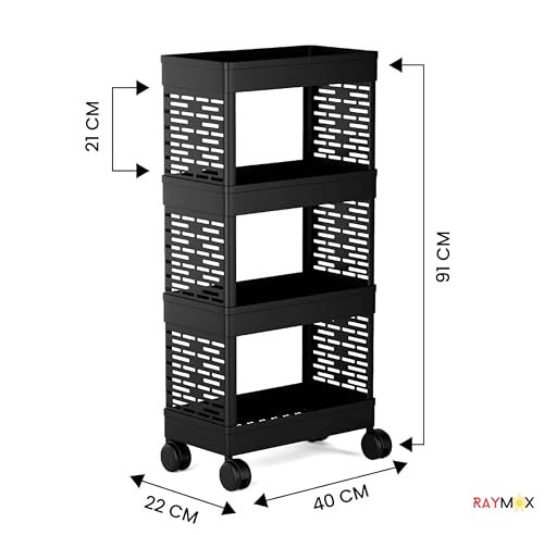 Image of RAYMOX 4 Tier Storage Rack with Wheels | Bathroom Kitchen Organizer Shelf | Rolling Utility Trolley for Home, Laundry, Office & Living Room | Heavy Duty Plastic Rack - Black