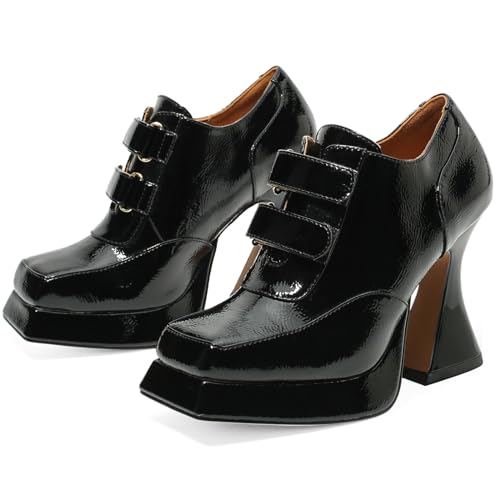 Women's Platform Pumps Patent Leather Chunky Heels Square Toe High Heel Booties Platform Boots for Women Dress Shoes3