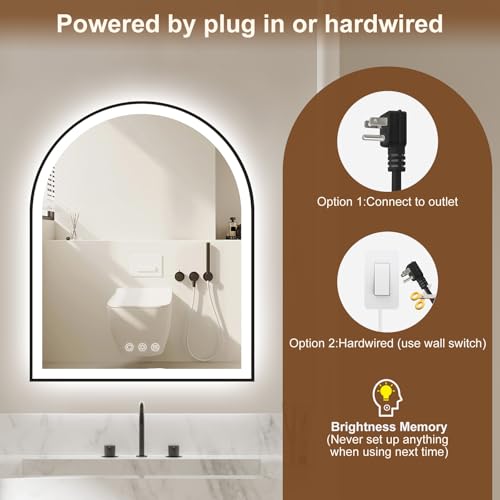Image of Arched LED Mirror for Bathroom 24 inchx30 inch, Black Lighted Bathroom Mirror with Lights-Fogless, Dimmable, 3 Color Changing, Shatterproof, Touch Sensor