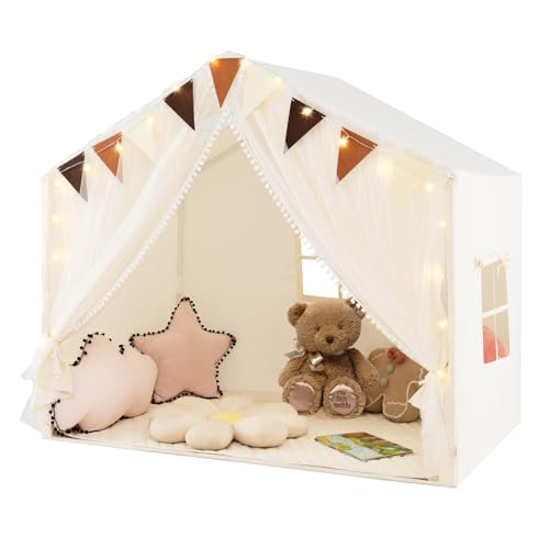 COSTWAY Tente de Jeux Enfant avec Rideaux en Tissu & Moustiquaire, Cabane Enfant Intérieure avec Guirlandes Lumineuses Étoiles & Fanions à Carreaux, Tapis Lavable, Maison de Jeux pour 3 Ans+