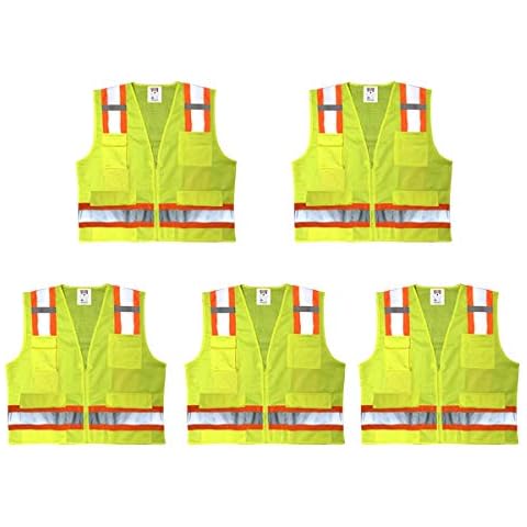Safety Main Premium High Visibility Surveyor Vest Solid Front Mesh Back, 5 Pack, Large Cover