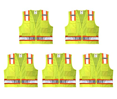 Safety Main Premium High Visibility Surveyor Vest Solid Front Mesh Back, 5 Pack, 3X-Large