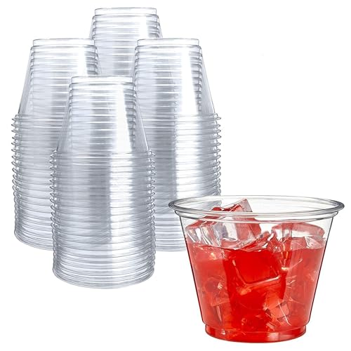 Prestee Clear Plastic Cups – 9oz Disposable PET Water, Wine, and Drink Glasses – Crystal Clear, Durable, Recyclable Party Cups – 100 Count for Holiday, Events, Coffee Shops, Restaurants