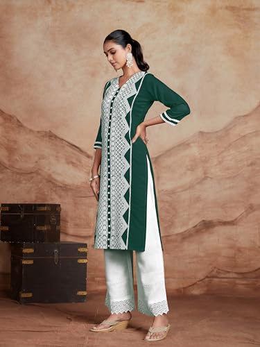 Image of EthnicJunction Women's Cotton Rayon Regular Fit Chikankari Embroidery Stright Kurta