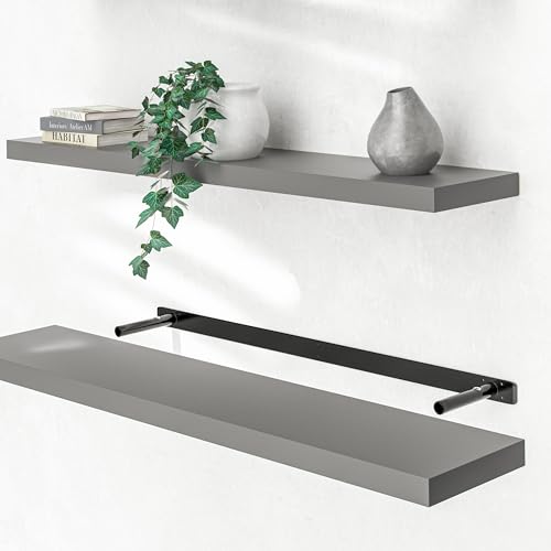 Casaria® Wandregal Holz Grau Regal mit Halterung 15kg Tragkraft Hängeregal Küche Wohnzimmer Flur Wand Schweberegal Bücherregal Regalbrett Schwebend Matt 110cm