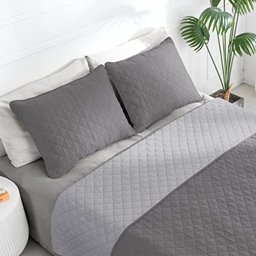 Easy-Going Full/Queen Size Reversible Quilt Set With 1 Quilt And 2 Pillow Shams, Soft Bed Quilt Cover, Lightweight Microfiber Bedspread, Water And Stain Resistant, Gray/Light Gray #TOP1