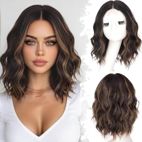 Image of Eawwii Dark Brown Highlights Wigs for Women,Short Wavy Synthetic Lace Wig