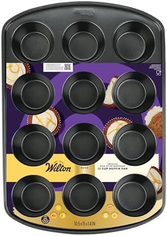 Image of Wilton Gold Non-Stick Bakeware Muffin Pan-Baking Pan for Muffins & Cupcakes-Made Without PFAS,Dent Resistant&Dishwasher Friendly-Offers Even Heat Distribution-10.5 x 15 x 2 Inches, 12 Cup (Pack of 6)